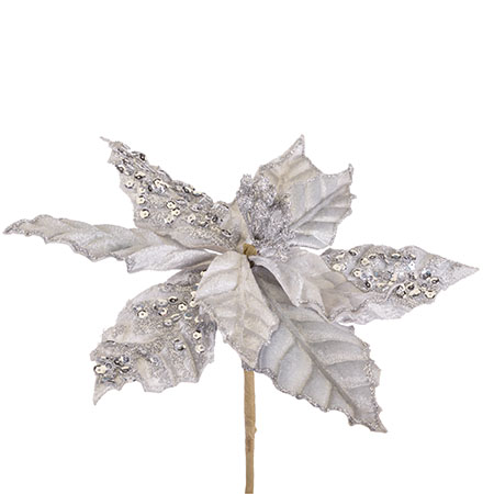 Sequined Poinsettia Silver - Christmas - sequined glittered poinsettias artificial